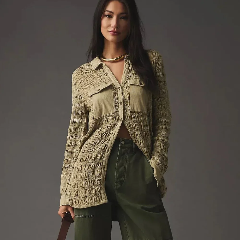 Anthropologie Pilcro XS - S Green Olive Stretch Smocked Shacket Pockets‎ Button